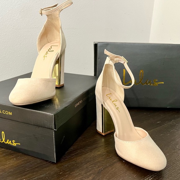 New in box! Lulus Laura Light Nude Suede Ankle Strap Heels size 5.5 with gold - Picture 7 of 11